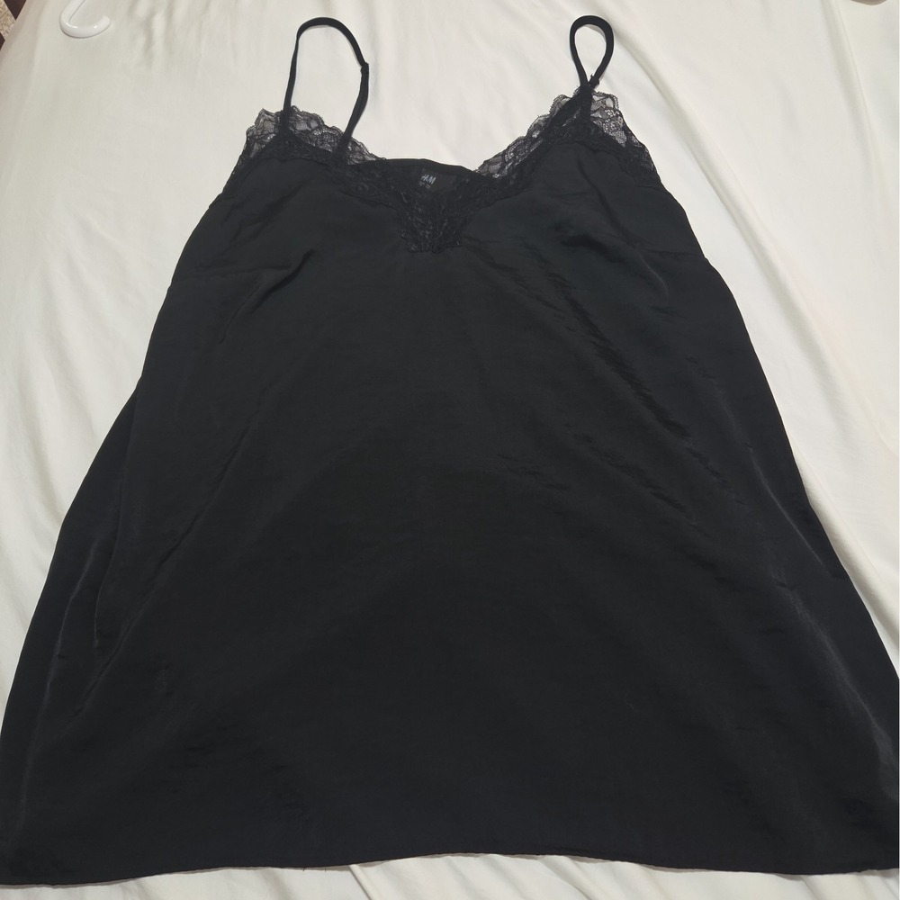 H&M Women's XXL Black Satin Camisole Lace Trim Adjustable Strap Cami Top